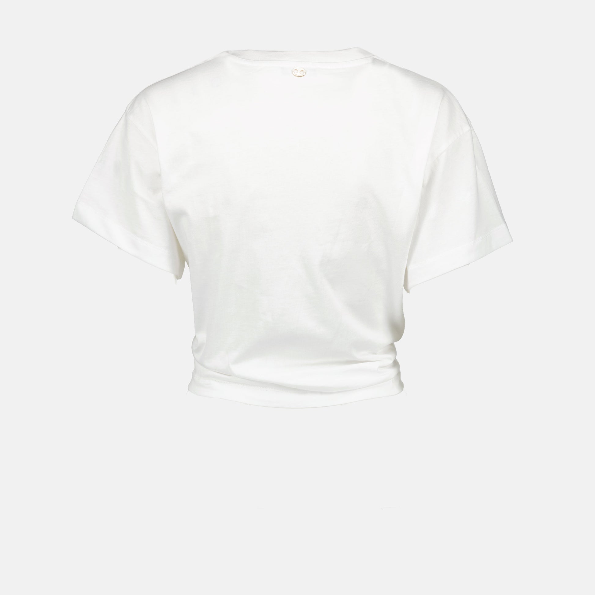 white crop T-shirt, gold ring detail, autumn collection, pleated edge, cotton top