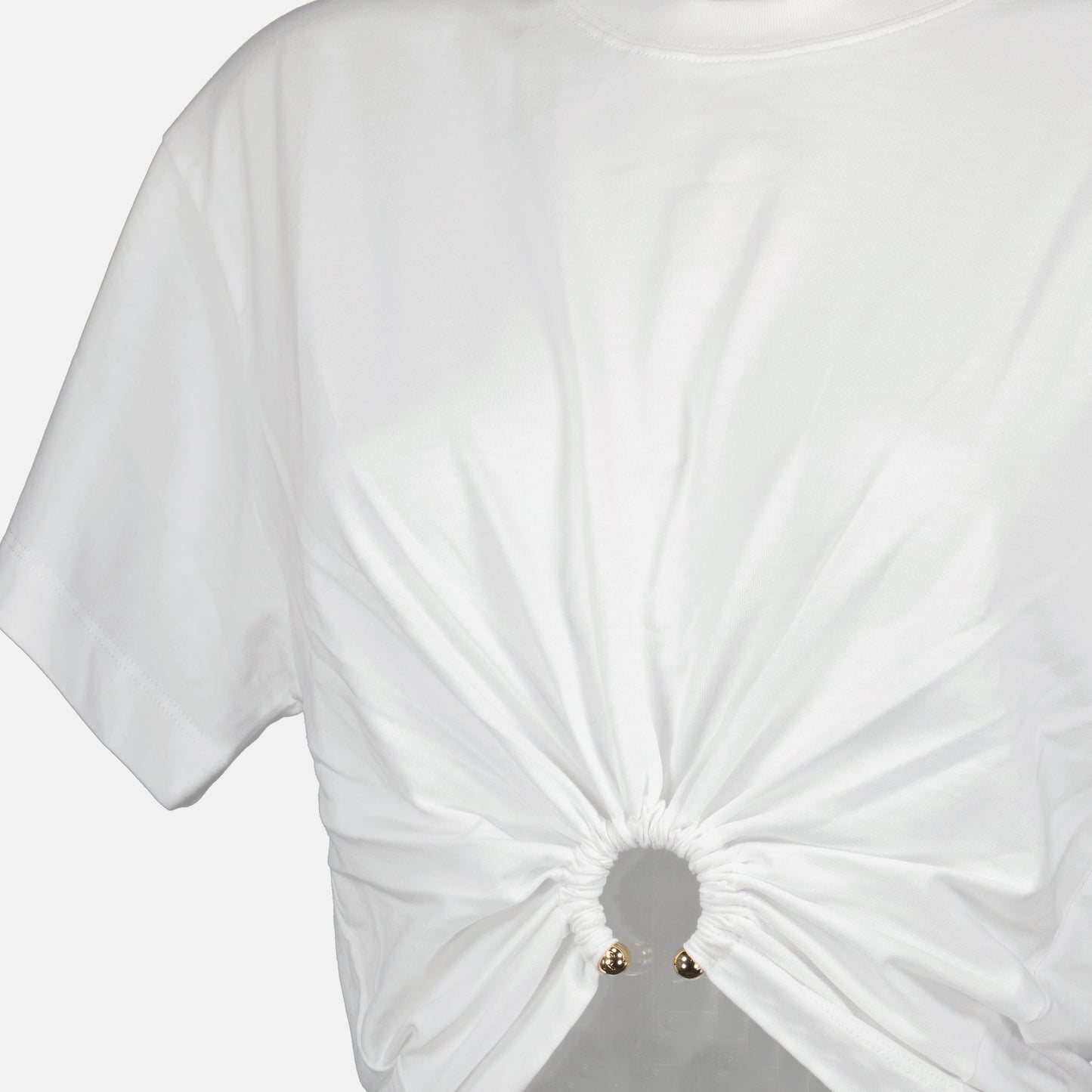 white crop T-shirt, gold ring detail, autumn collection, pleated edge, cotton top