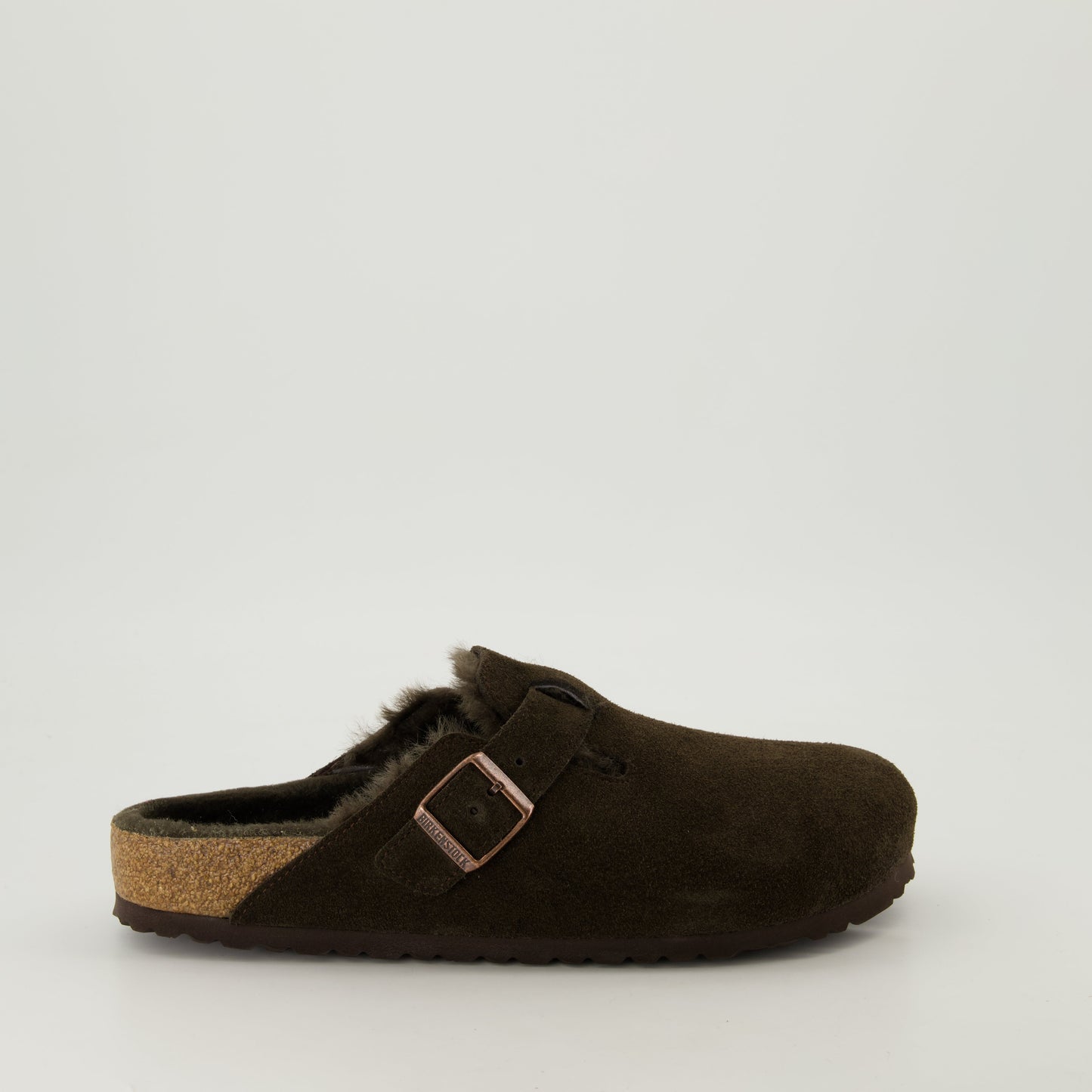 shearling mules, brown mules, adjustable fit, cork footbed, winter footwear