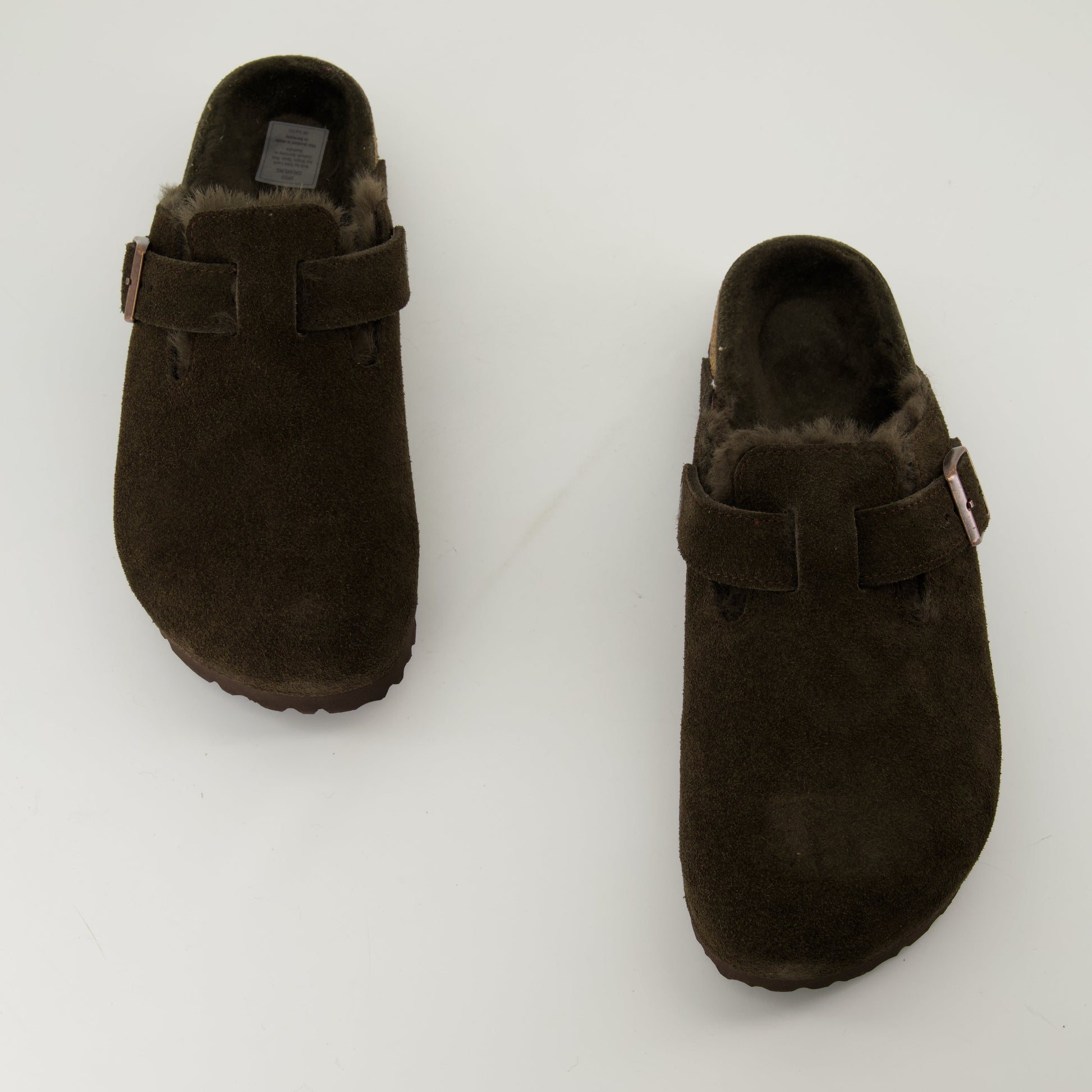 shearling mules, brown mules, adjustable fit, cork footbed, winter footwear