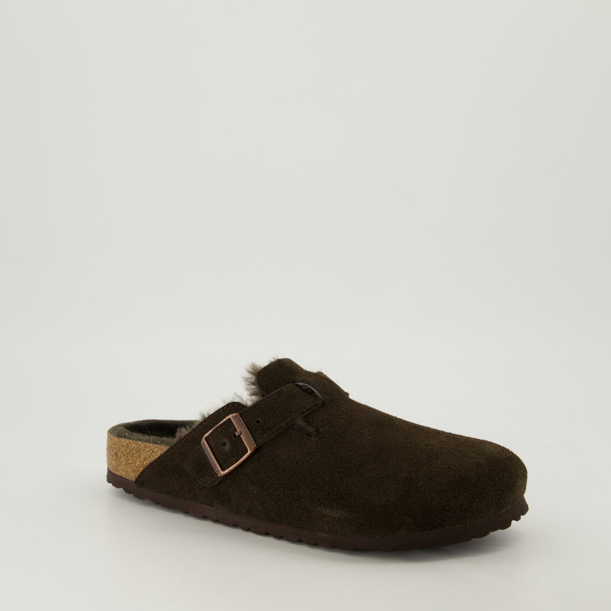 shearling mules, brown mules, adjustable fit, cork footbed, winter footwear