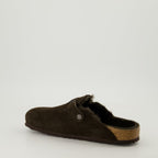shearling mules, brown mules, adjustable fit, cork footbed, winter footwear