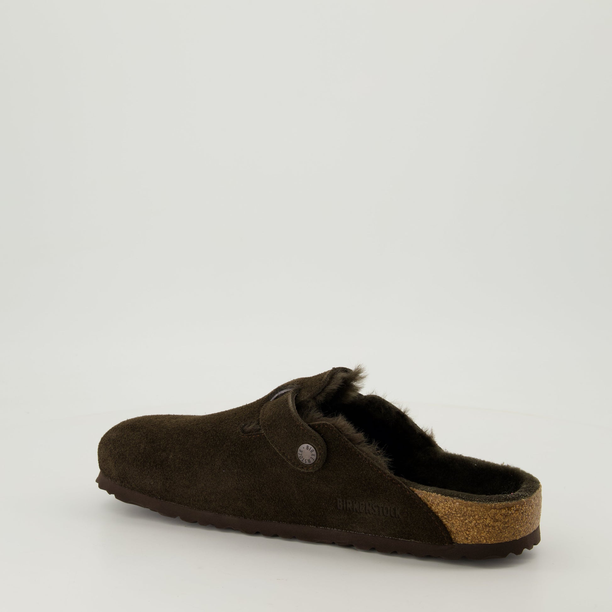 shearling mules, brown mules, adjustable fit, cork footbed, winter footwear