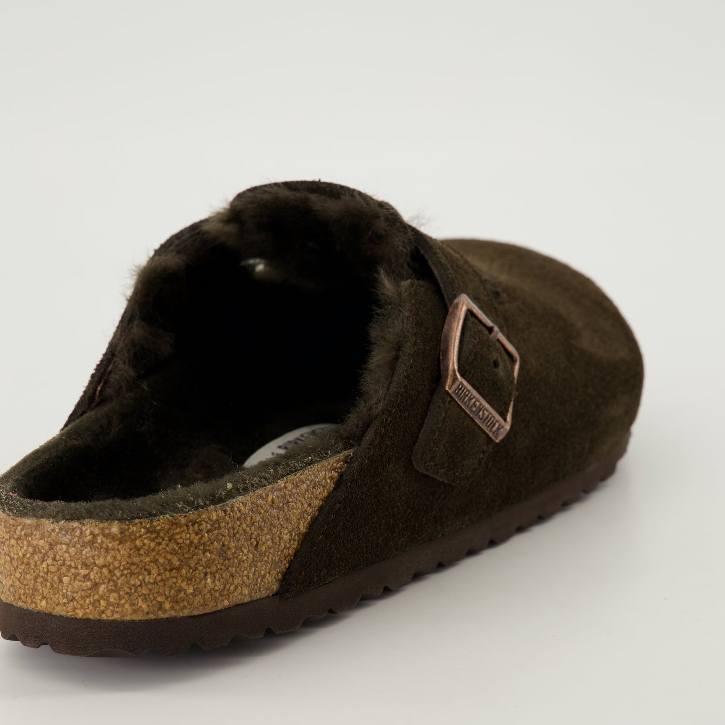 shearling mules, brown mules, adjustable fit, cork footbed, winter footwear