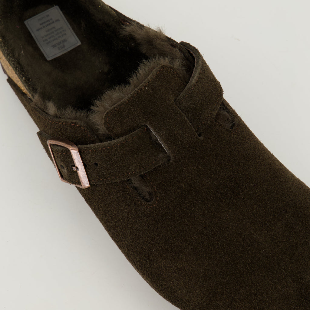 shearling mules, brown mules, adjustable fit, cork footbed, winter footwear
