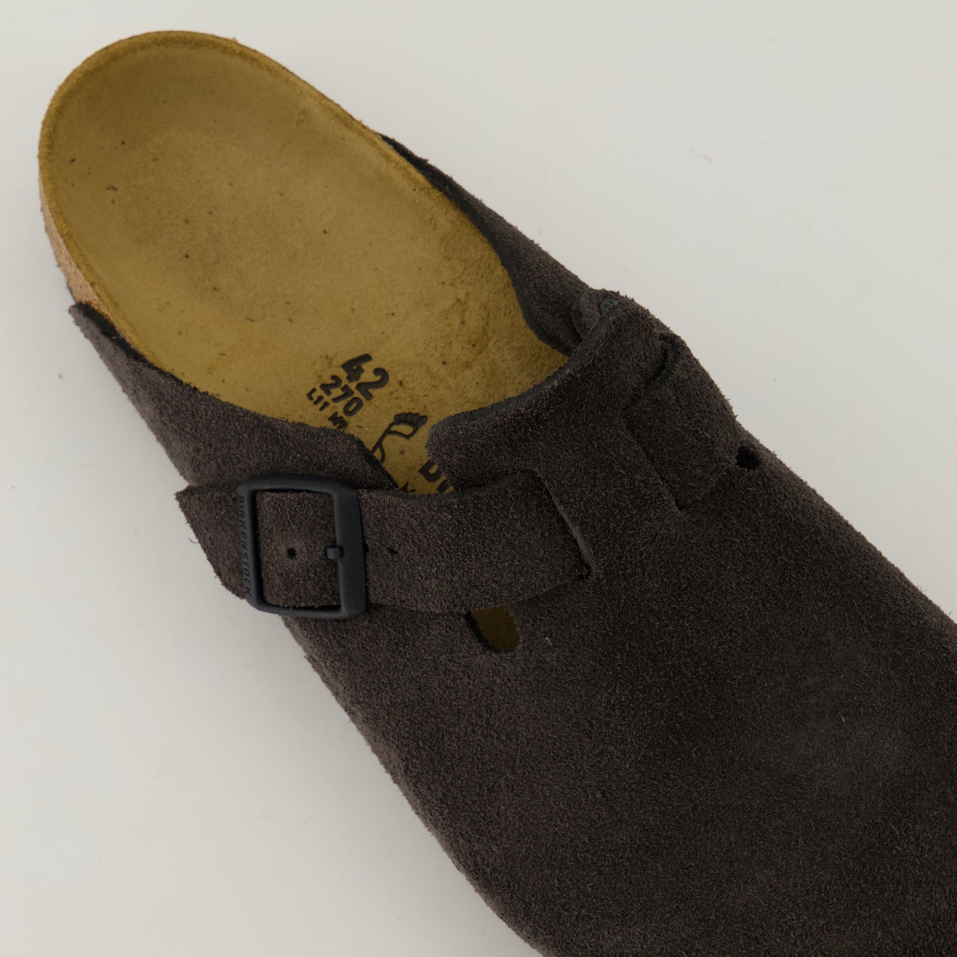 brown mules, adjustable buckles, leather footbed, Boston unisex, cork-latex comfort