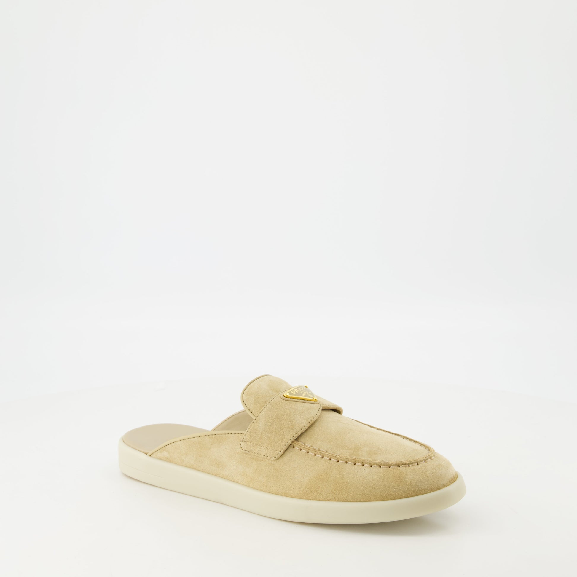 beige mules, suede footwear, Prada mules, spring summer shoes, elegant slip-ons