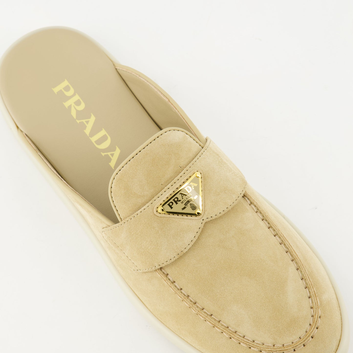 beige mules, suede footwear, Prada mules, spring summer shoes, elegant slip-ons