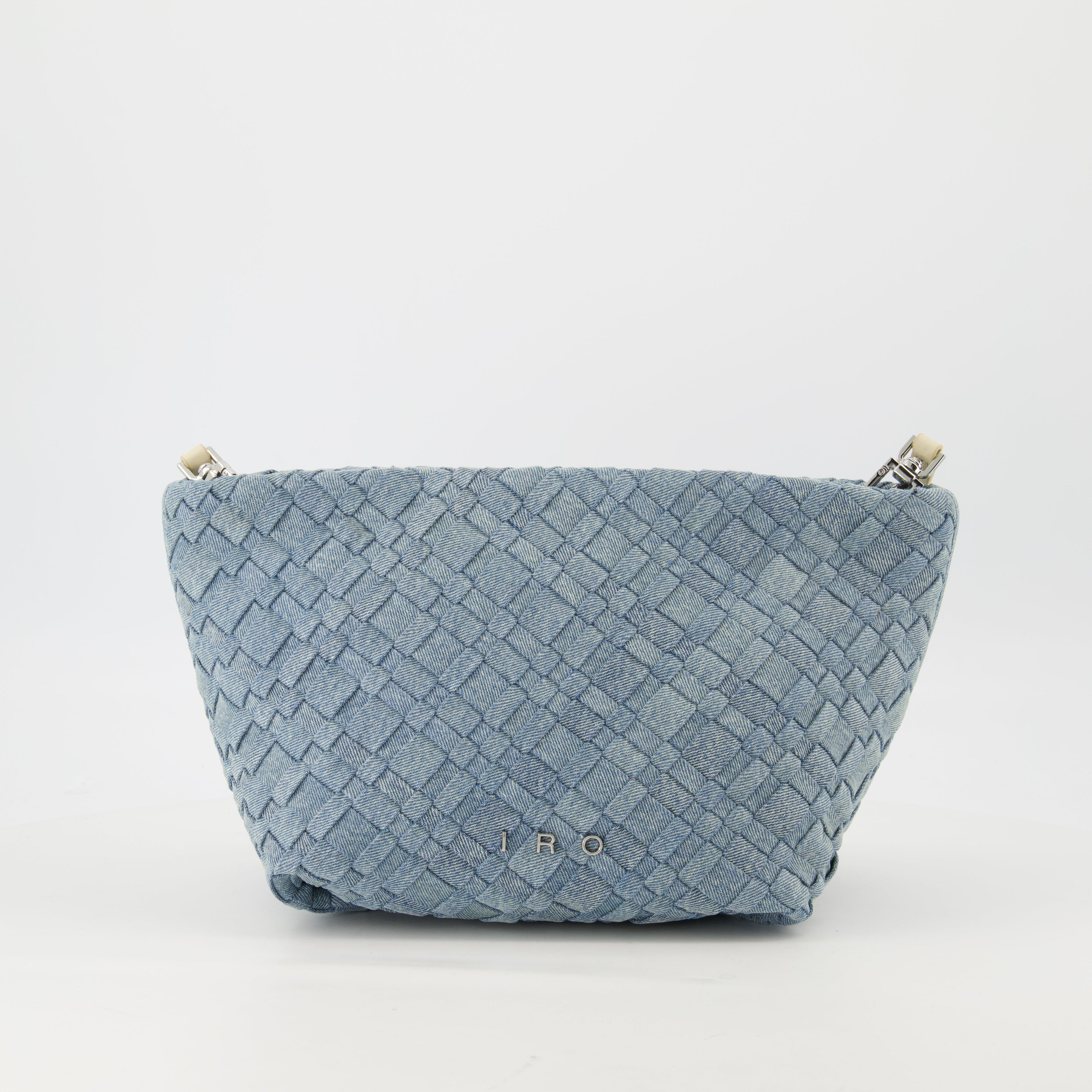 denim pochette, Iro accessories, chic handbag, removable strap, stylish pouch