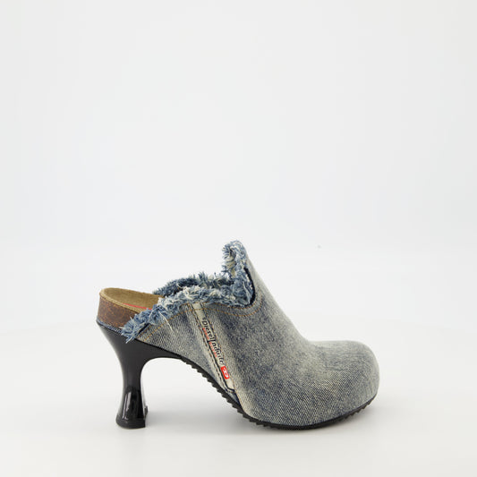 denim mules, D-Woodstock, Diesel, frayed design, comfortable footwear