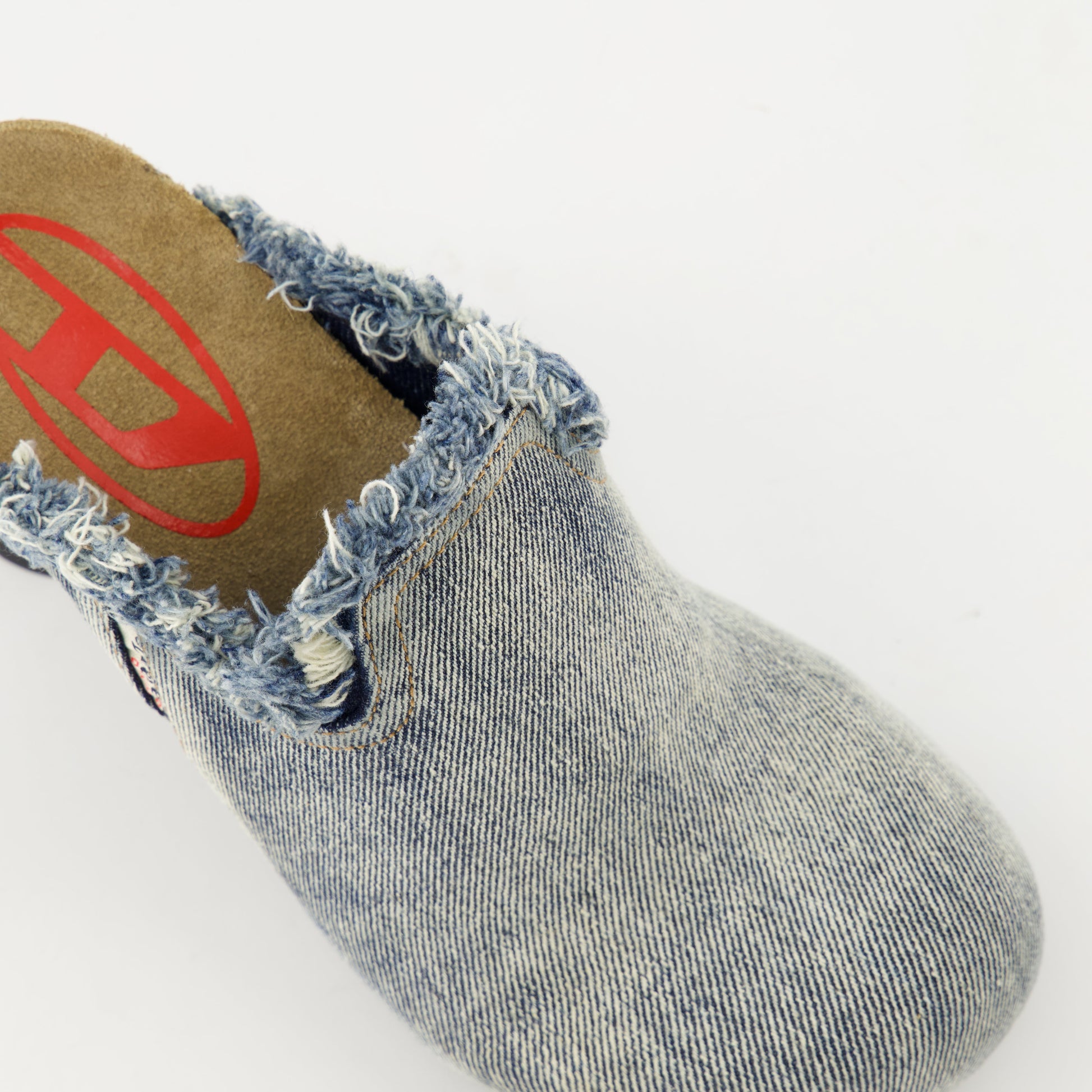 denim mules, D-Woodstock, Diesel, frayed design, comfortable footwear