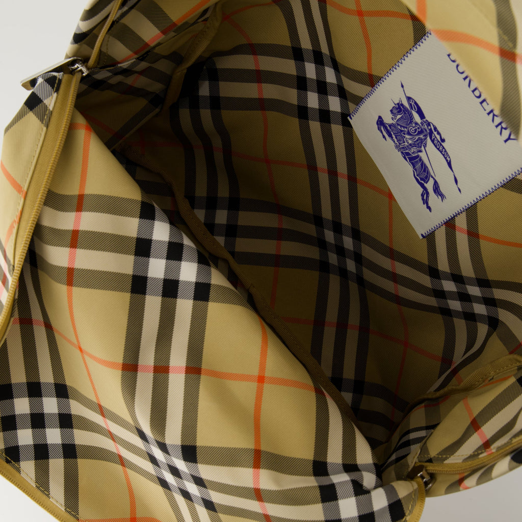 Burberry backpack, check pattern bag, adjustable straps, canvas backpack, stylish everyday backpack