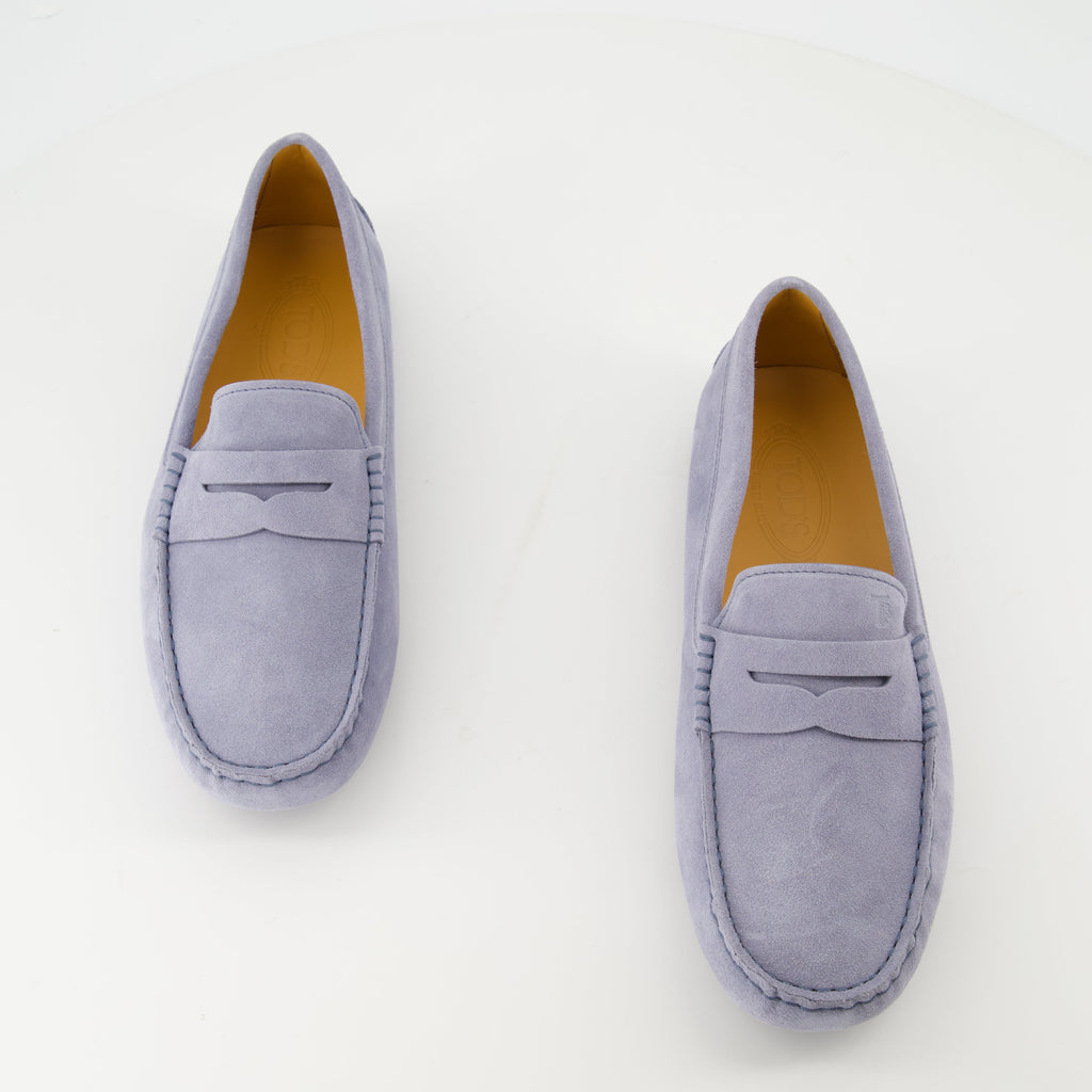 Tod's moccasins, suede shoes, Gommino moccasins, blue-grey footwear, slip-on shoes