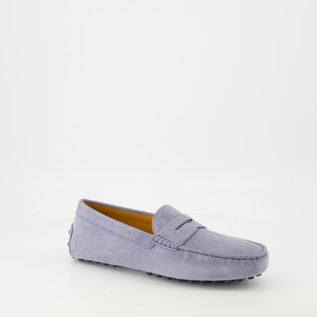 Tod's moccasins, suede shoes, Gommino moccasins, blue-grey footwear, slip-on shoes