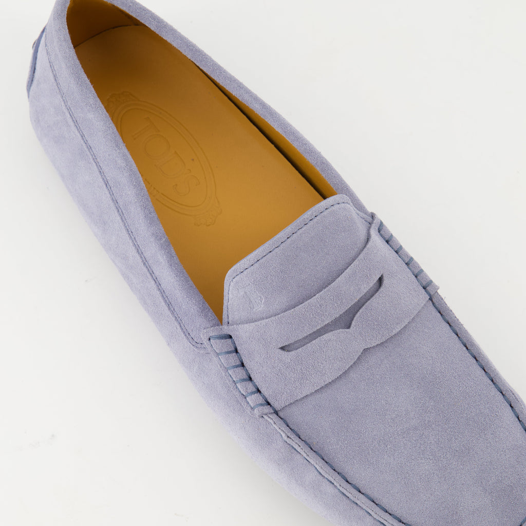 Tod's moccasins, suede shoes, Gommino moccasins, blue-grey footwear, slip-on shoes