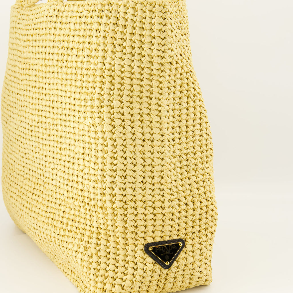 crochet tote bag, Prada bag, beige tote, Spring-Summer collection, luxury accessories