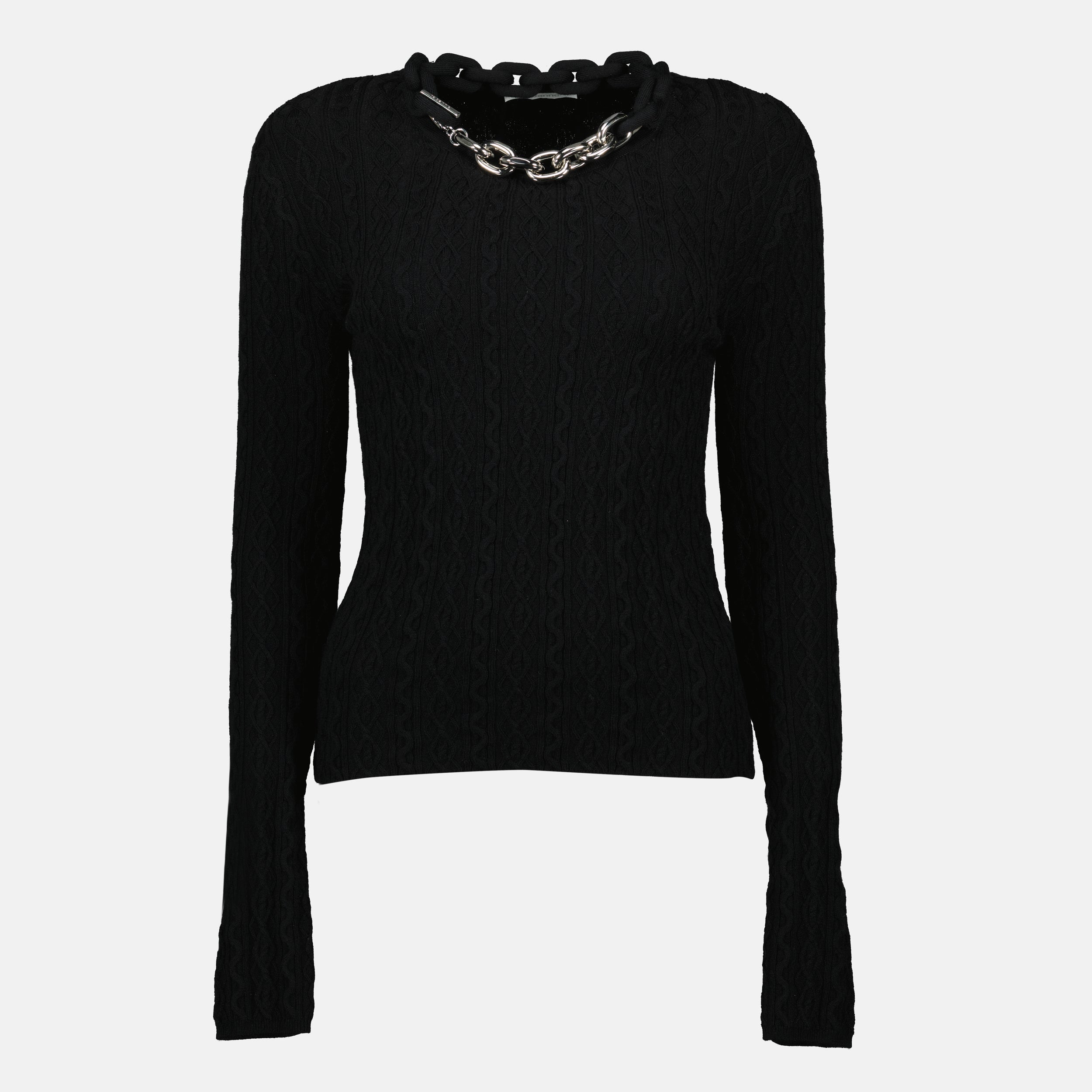 black pullover, wool knit sweater, Rabanne knitwear, Autumn-Winter fashion, ribbed knit pullover