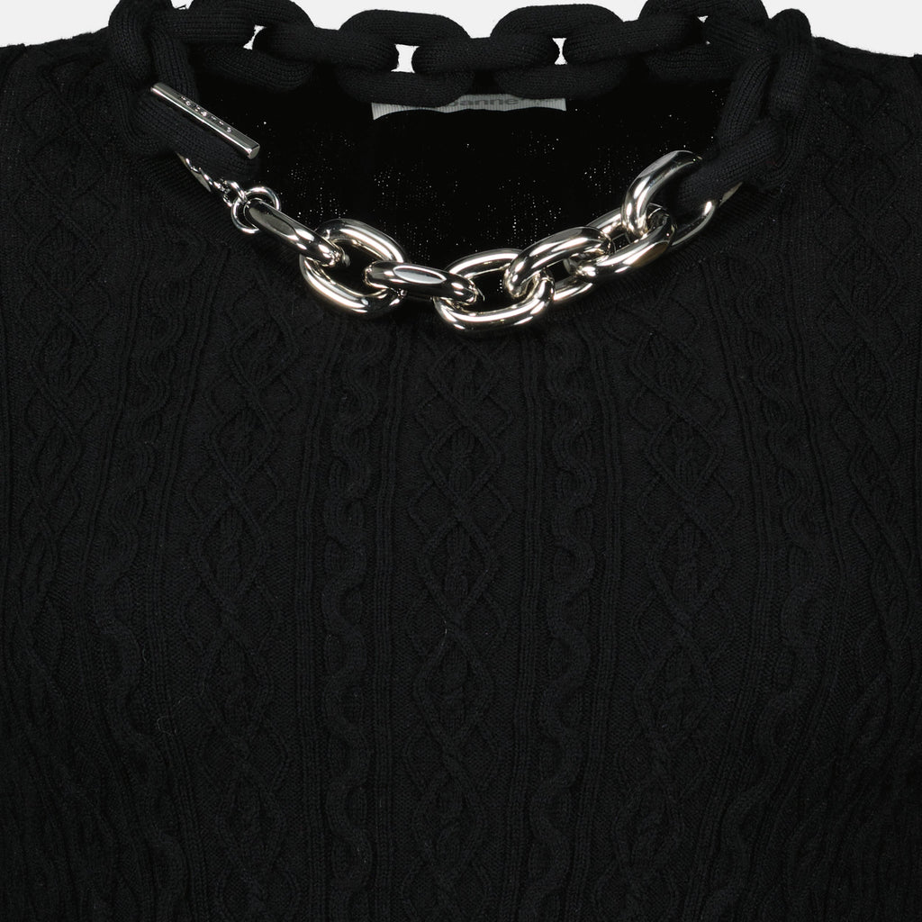 black pullover, wool knit sweater, Rabanne knitwear, Autumn-Winter fashion, ribbed knit pullover