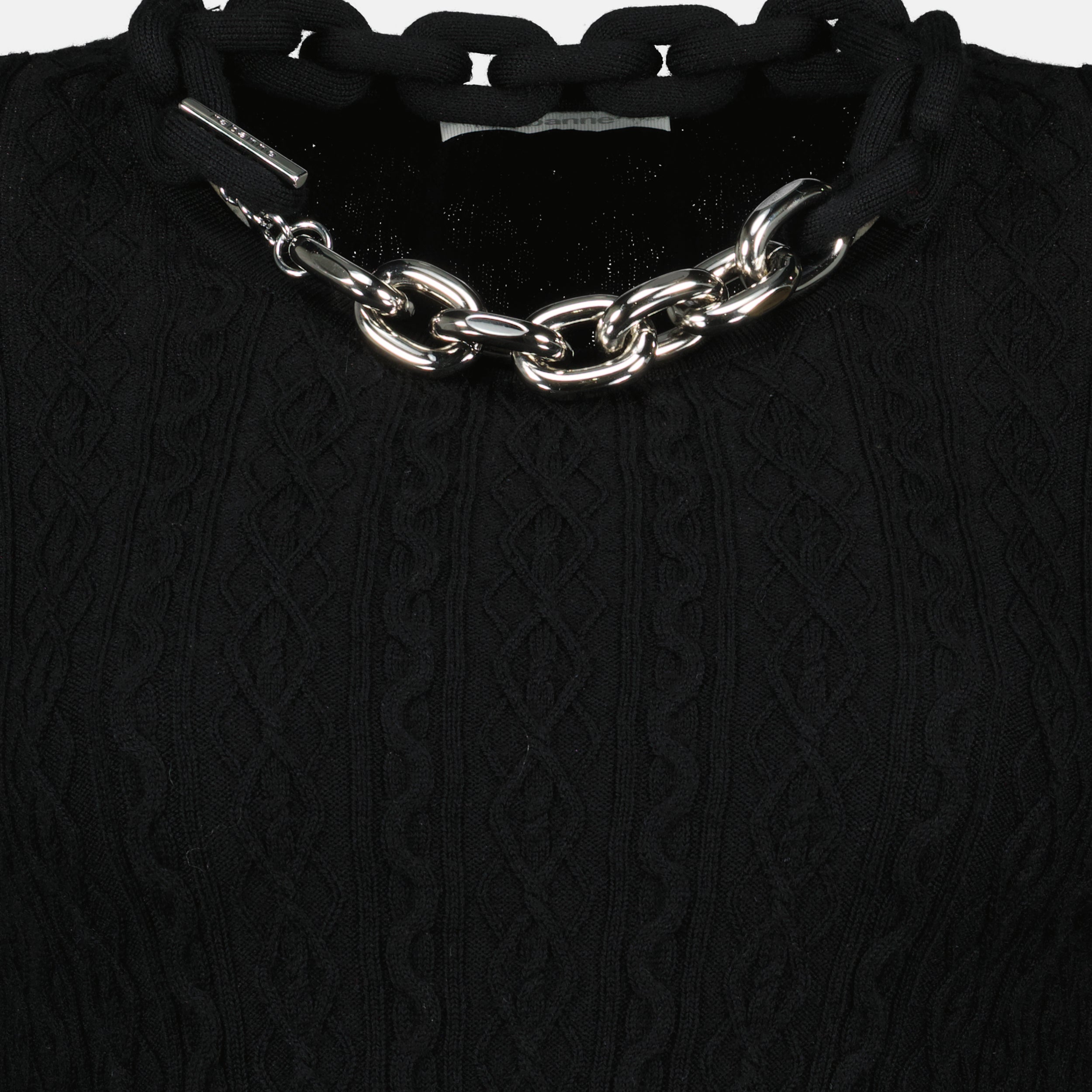 black pullover, wool knit sweater, Rabanne knitwear, Autumn-Winter fashion, ribbed knit pullover