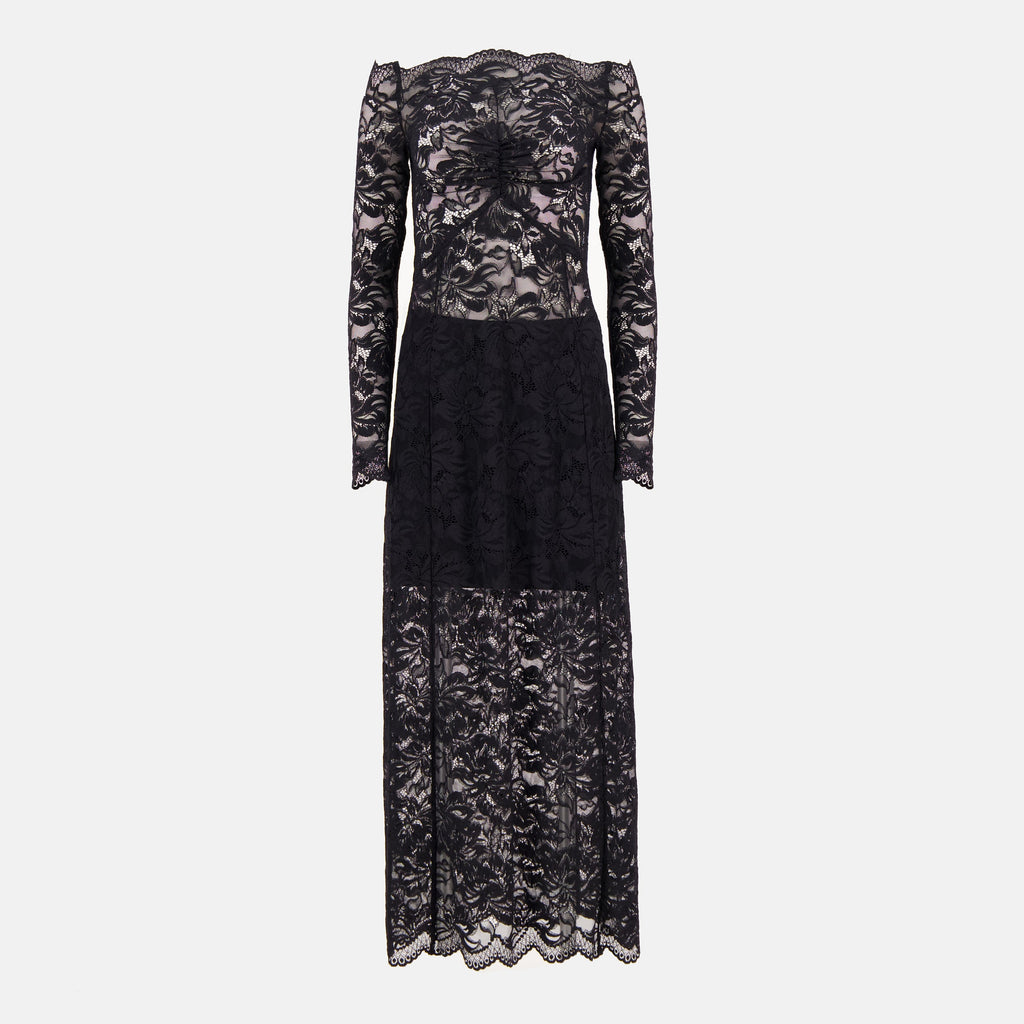 black lace dress, Rabanne dress, Autumn-Winter collection, bardot neckline dress, long sleeve dress