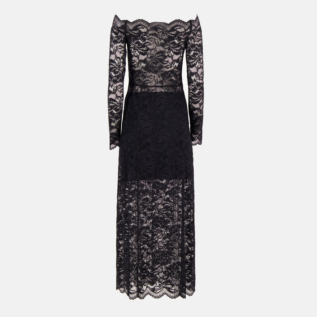 black lace dress, Rabanne dress, Autumn-Winter collection, bardot neckline dress, long sleeve dress