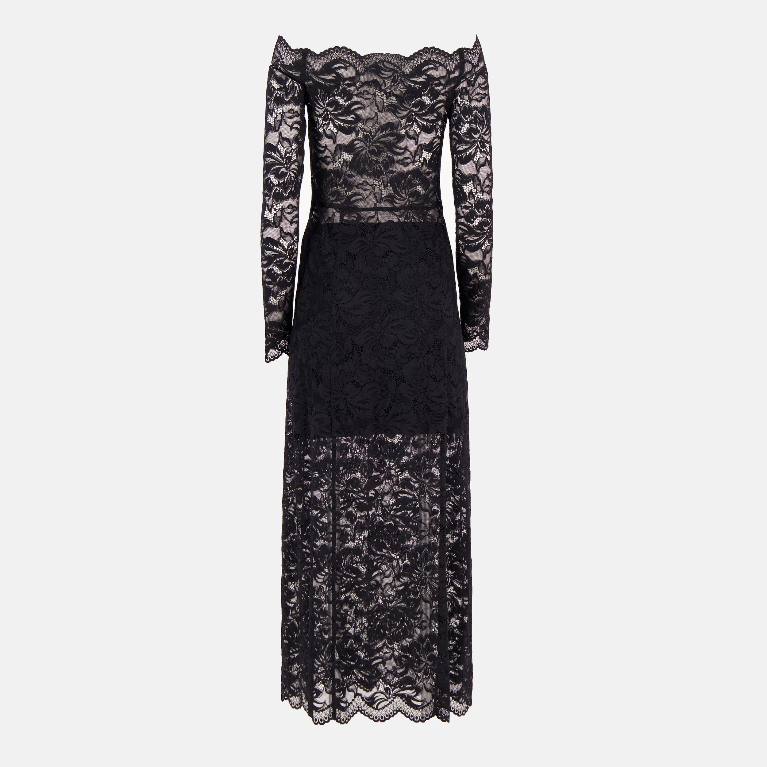 black lace dress, Rabanne dress, Autumn-Winter collection, bardot neckline dress, long sleeve dress