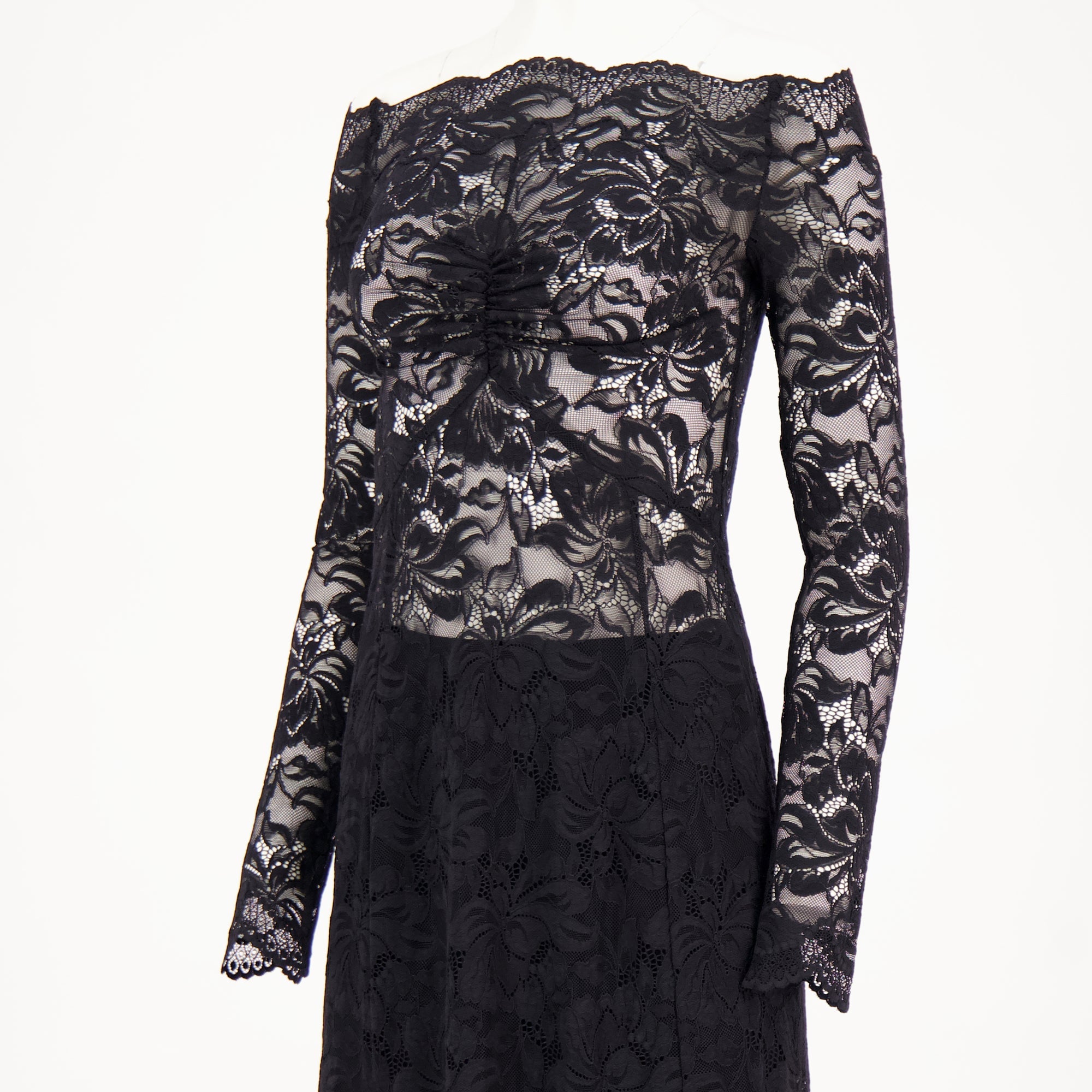 black lace dress, Rabanne dress, Autumn-Winter collection, bardot neckline dress, long sleeve dress