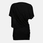 black viscose dress, asymmetrical design, women's fashion, short cut dress, Christopher Esber collection