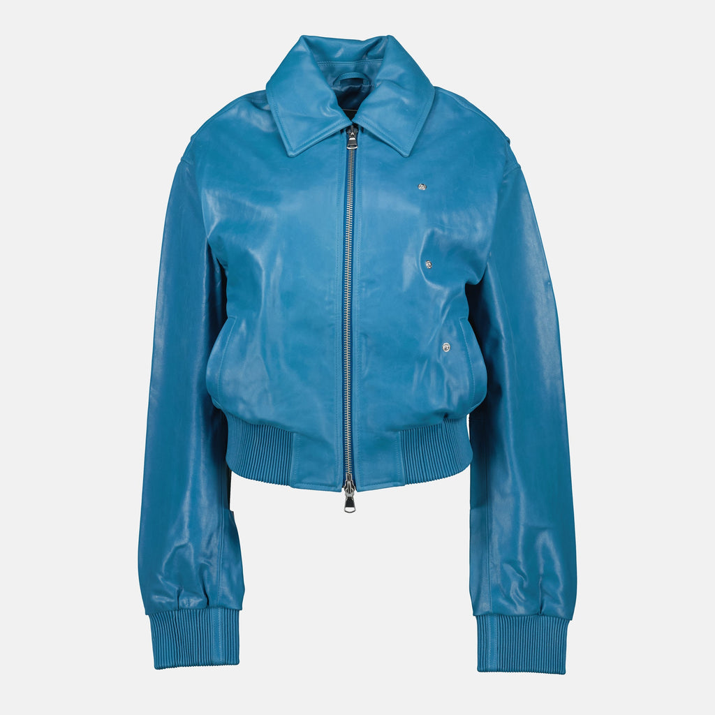 blue leather bomber jacket, Christopher Esber jacket, Autumn-Winter 2025 fashion, women's bomber jacket, luxury outerwear