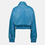 blue leather bomber jacket, Christopher Esber jacket, Autumn-Winter 2025 fashion, women's bomber jacket, luxury outerwear