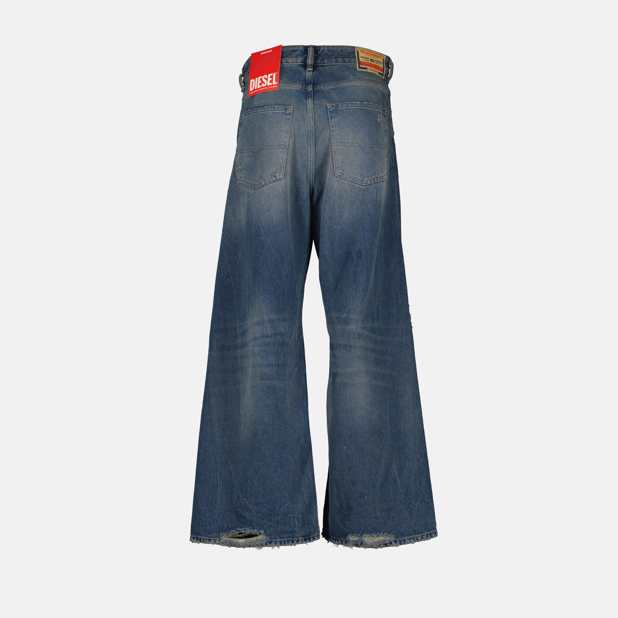 Diesel denim, relaxed fit jeans, faded blue jeans, five-pocket design, classic denim pants