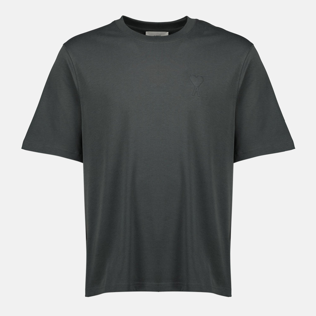 AMI Paris T-shirt, gray logo t-shirt, unisex casual wear, embroidered t-shirt, comfortable cotton t-shirt