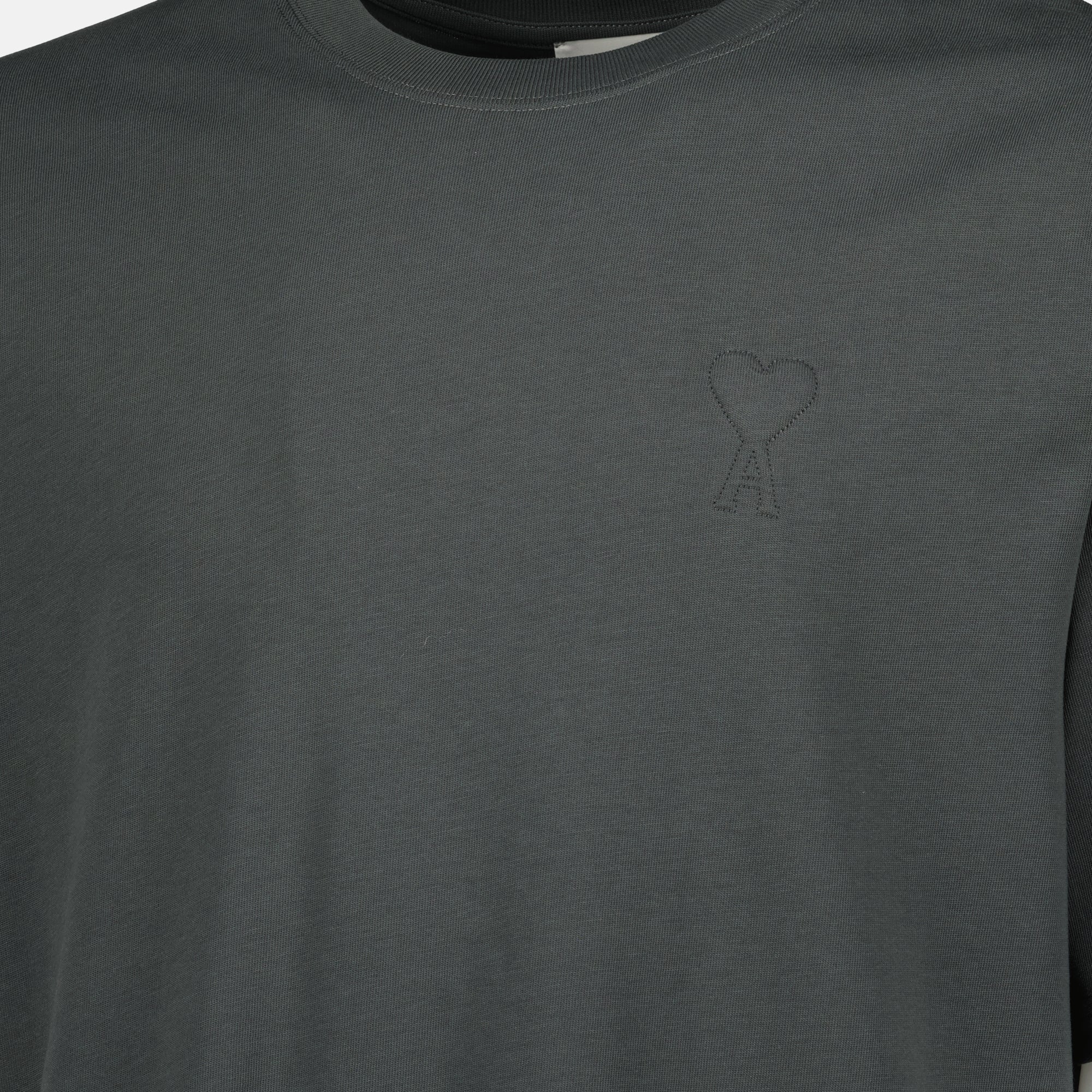 AMI Paris T-shirt, gray logo t-shirt, unisex casual wear, embroidered t-shirt, comfortable cotton t-shirt