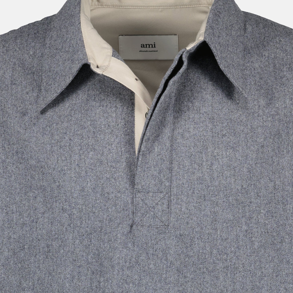 AMI PARIS, unisex polo shirt, gray wool shirt, oversized fit, classic collar