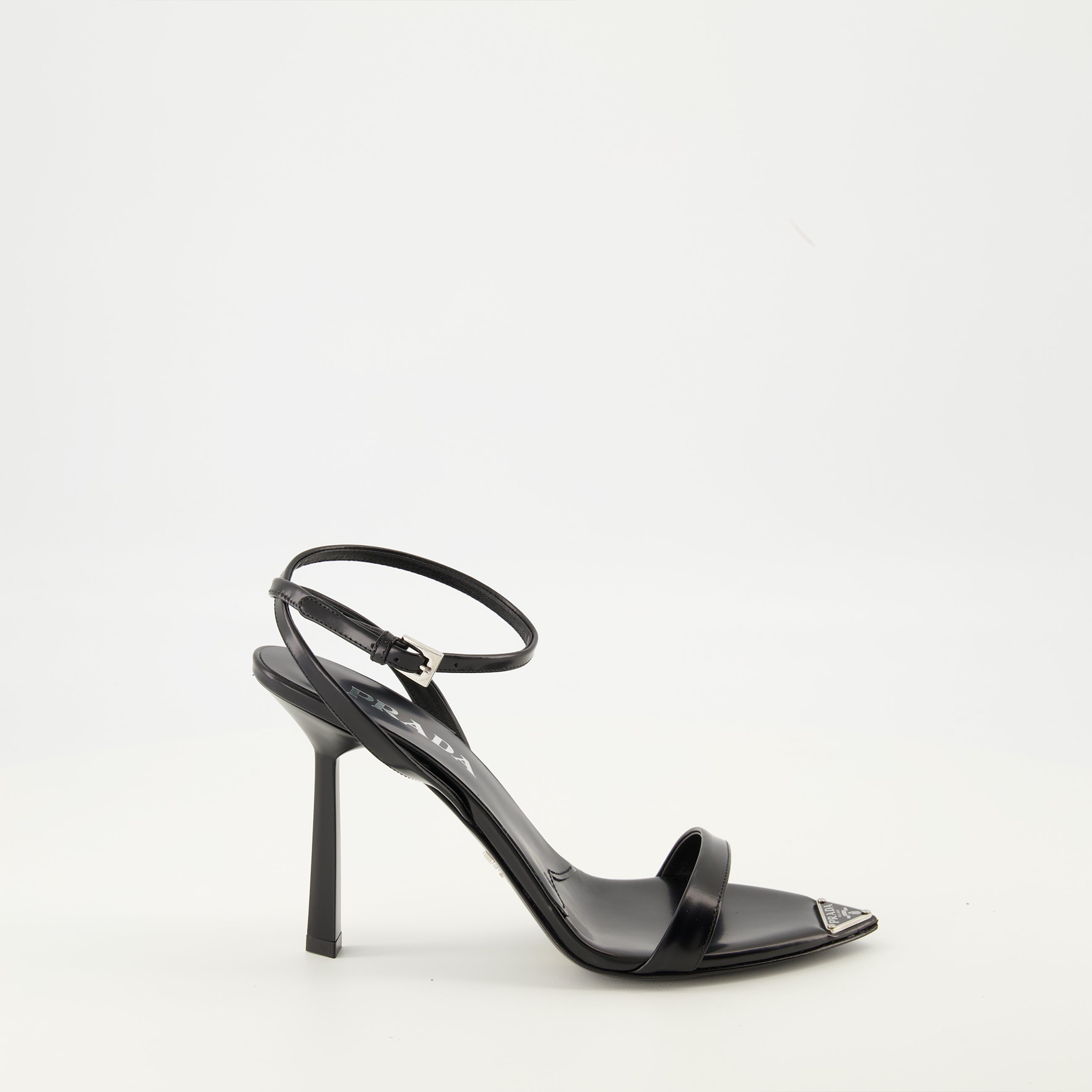 leather heeled sandals, Prada sandals, black sandals, designer footwear, women's sandals