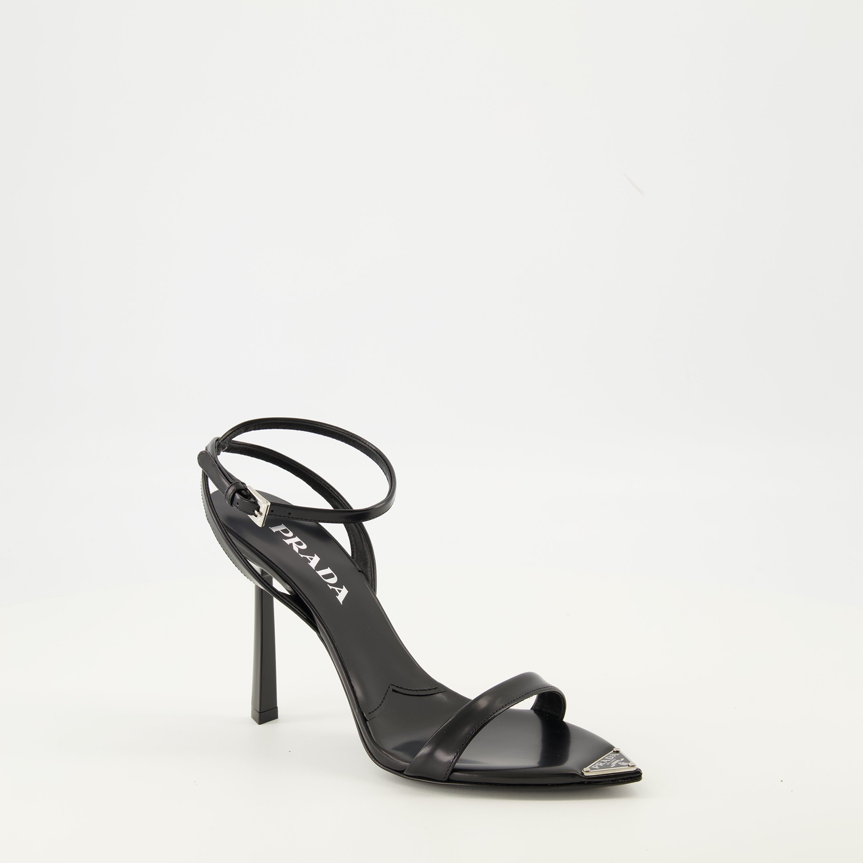 leather heeled sandals, Prada sandals, black sandals, designer footwear, women's sandals
