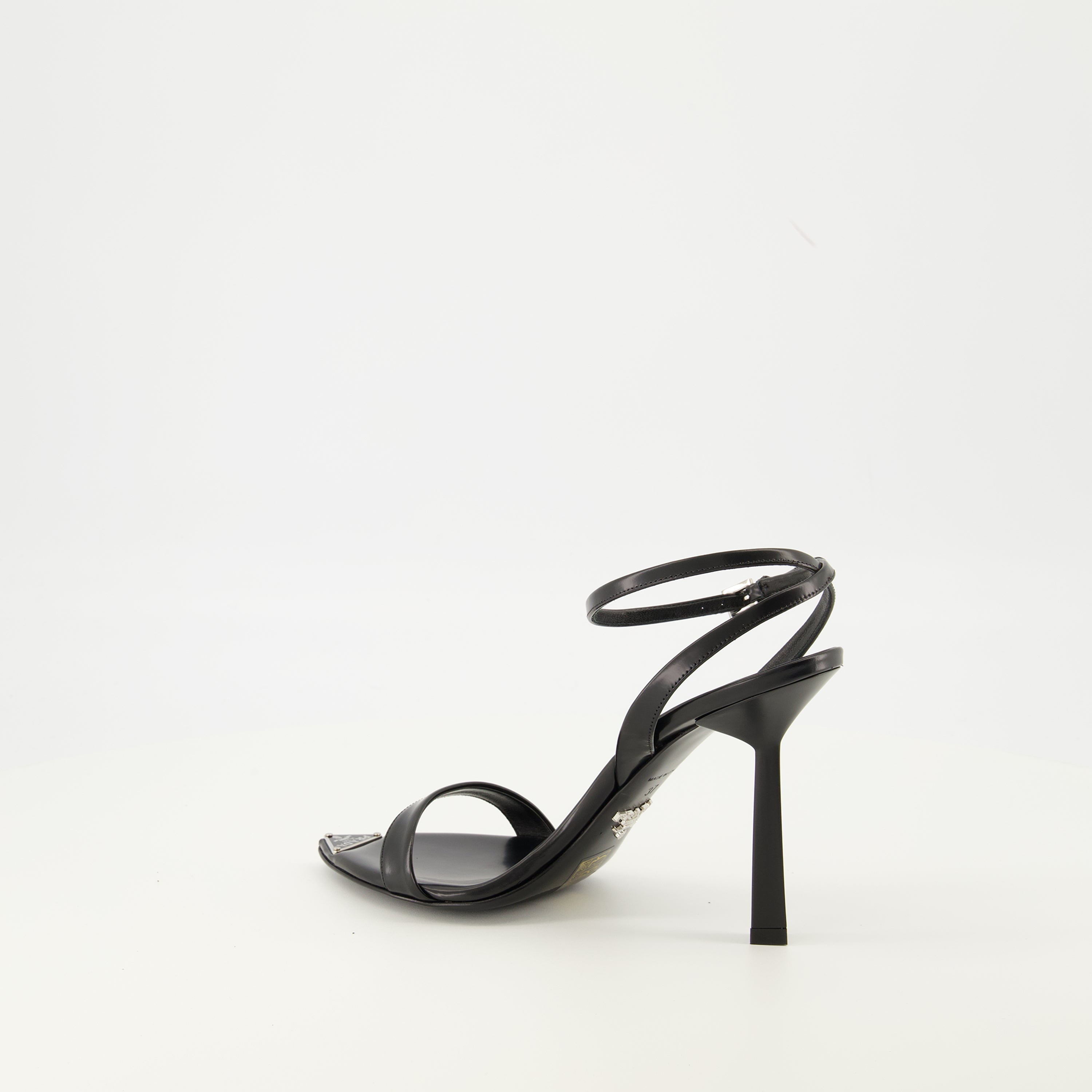 leather heeled sandals, Prada sandals, black sandals, designer footwear, women's sandals