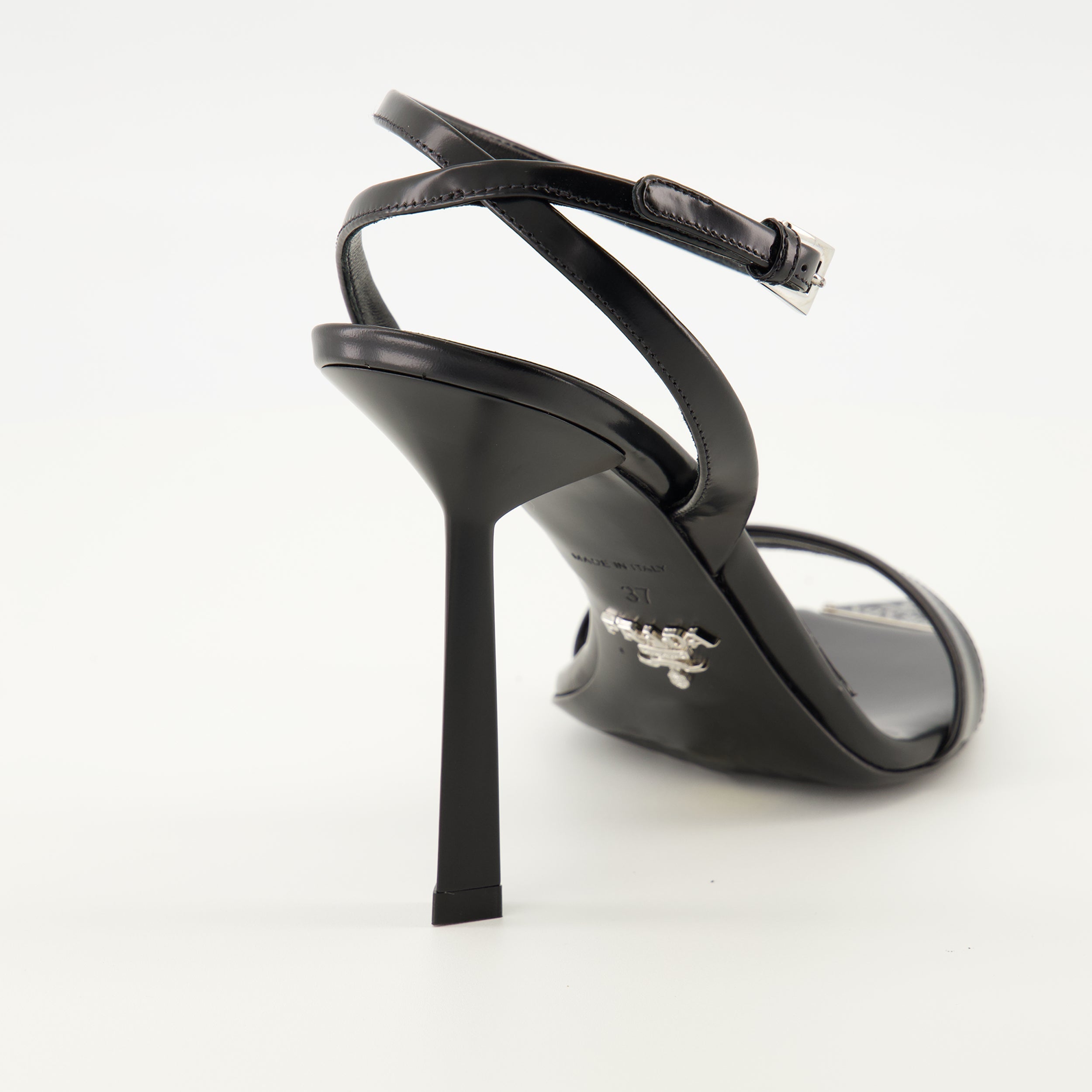 leather heeled sandals, Prada sandals, black sandals, designer footwear, women's sandals