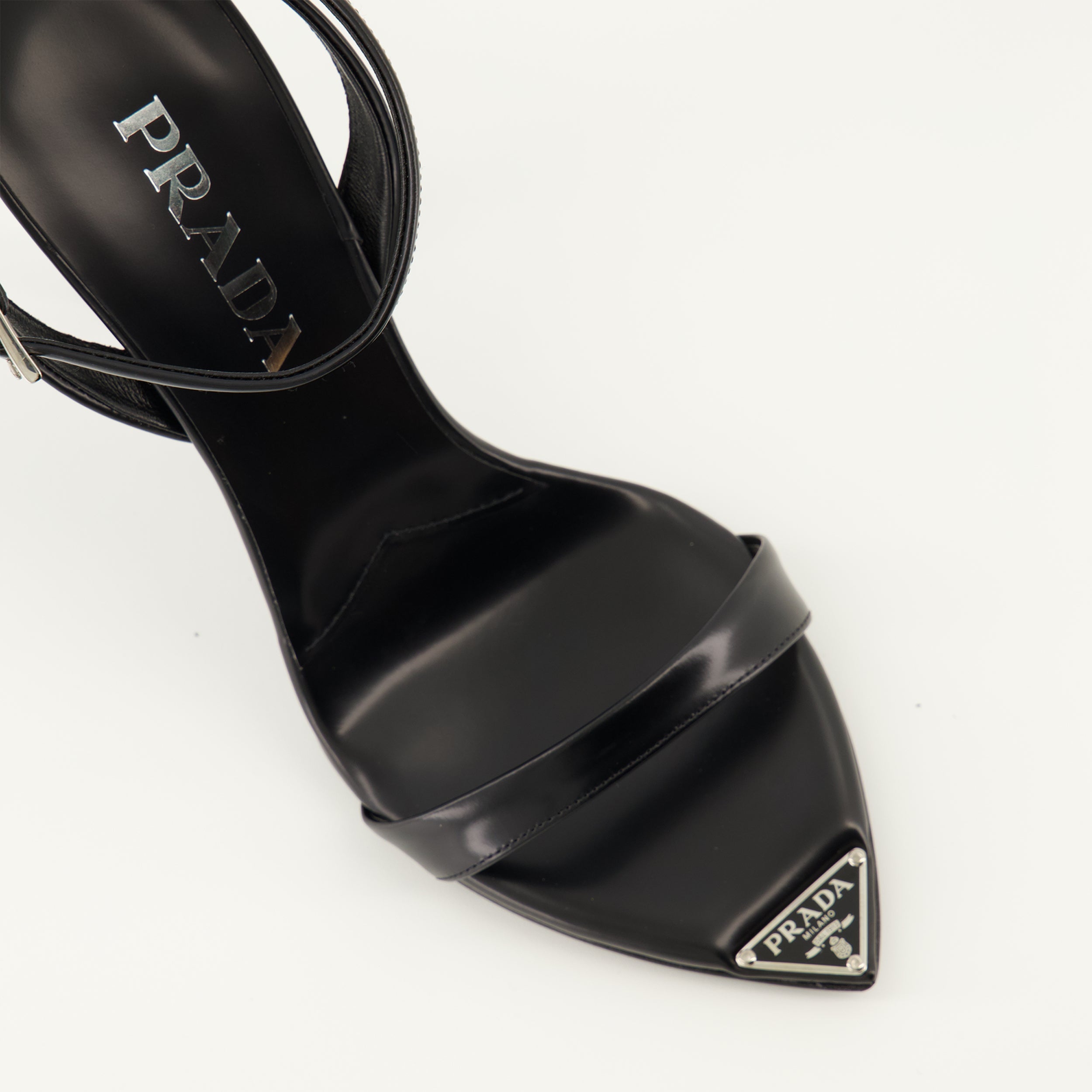 leather heeled sandals, Prada sandals, black sandals, designer footwear, women's sandals