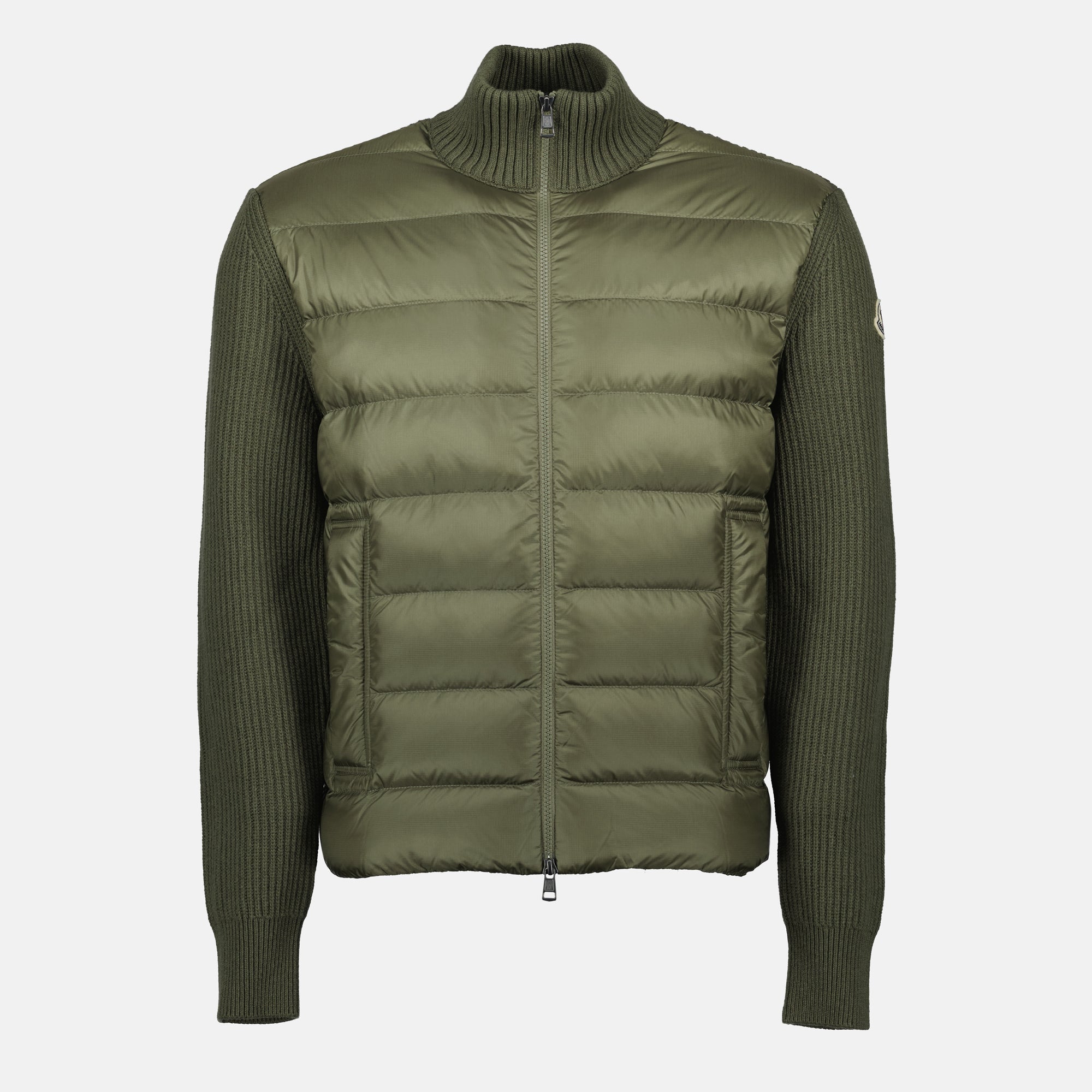 Moncler cardigan, bi-material fashion, kaki cardigan, premium knitwear, men's outerwear