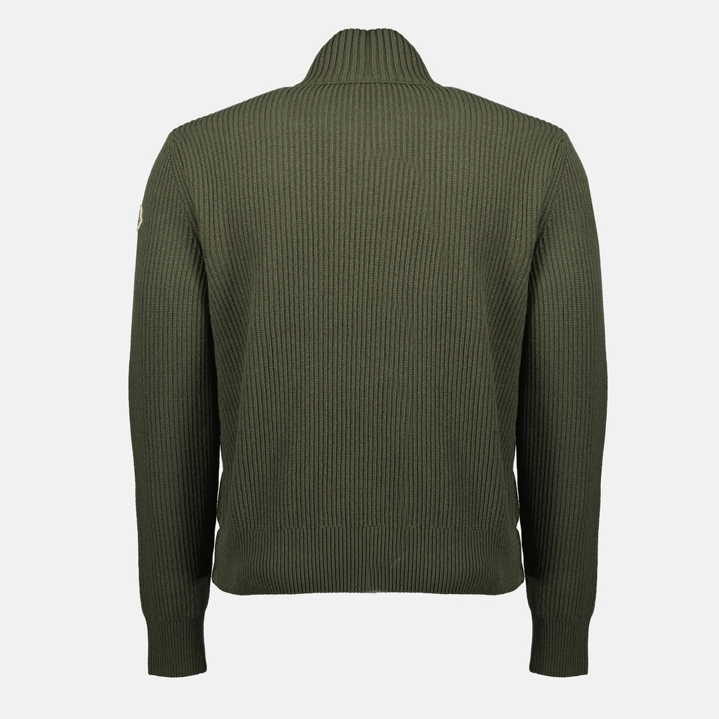 Moncler cardigan, bi-material fashion, kaki cardigan, premium knitwear, men's outerwear