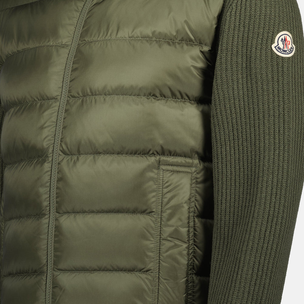 Moncler cardigan, bi-material fashion, kaki cardigan, premium knitwear, men's outerwear