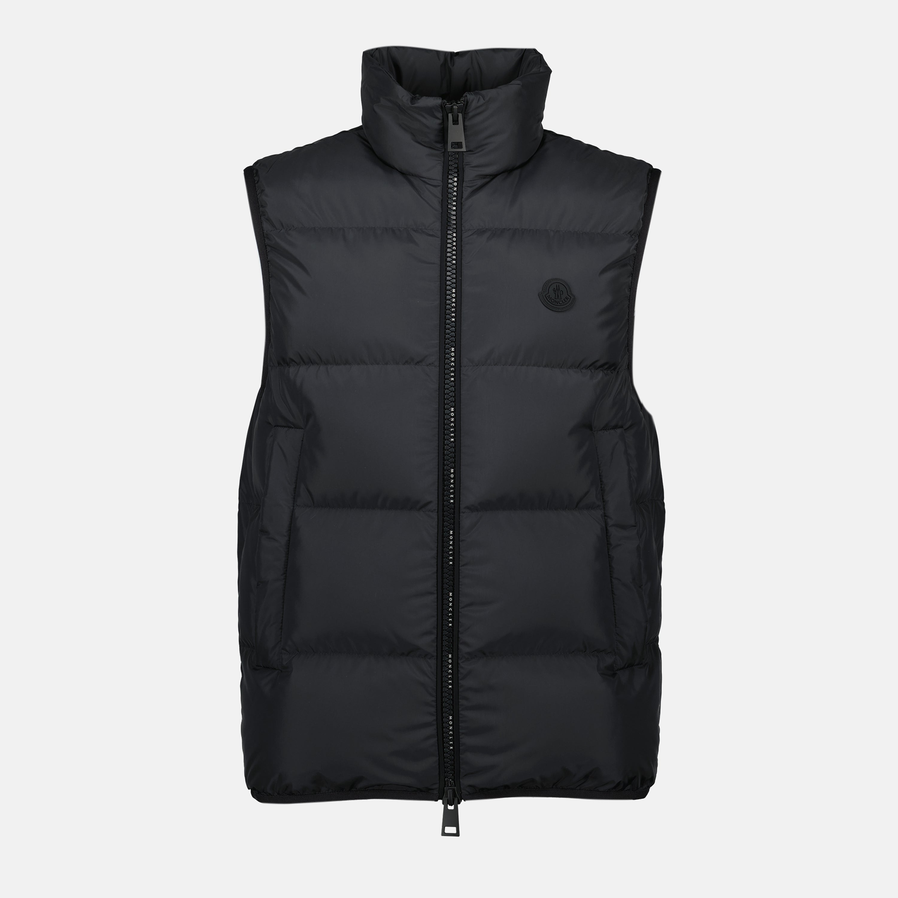 Moncler Gabas jacket, black down jacket, sleeveless jacket, quilted boudins jacket, modern high collar