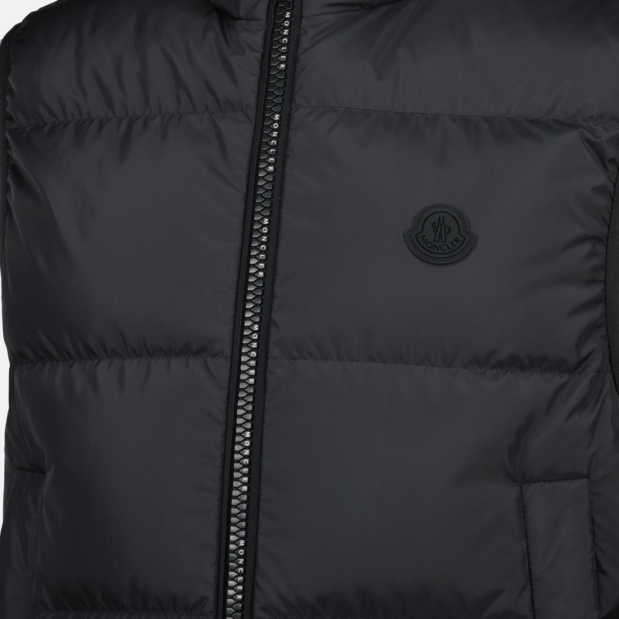 Moncler Gabas jacket, black down jacket, sleeveless jacket, quilted boudins jacket, modern high collar