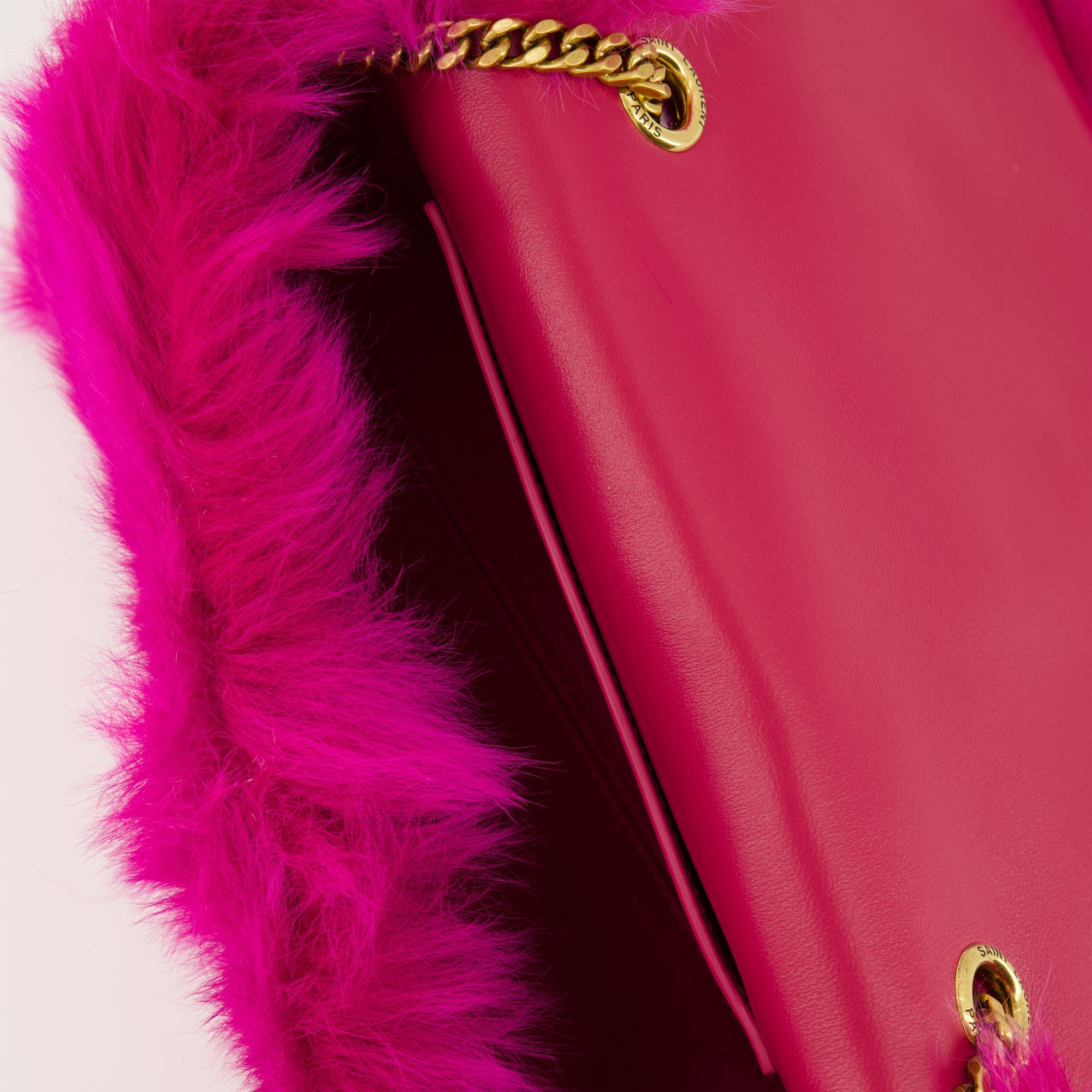 Saint Laurent, Kate bag, faux fur handbag, pink accessory, luxury fashion