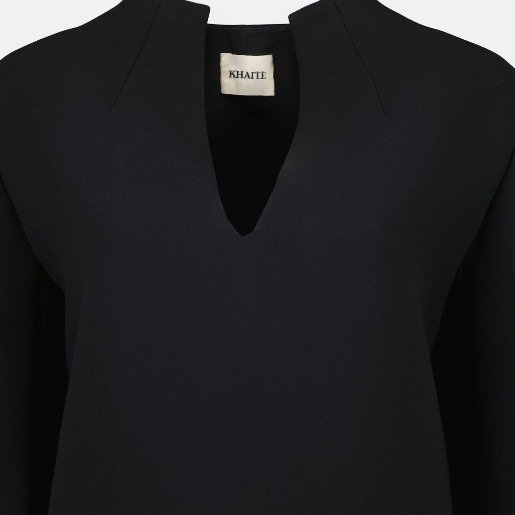 Khaite Aleena dress, black mid-length dress, V-neck dress, long sleeve dress, crepe dress
