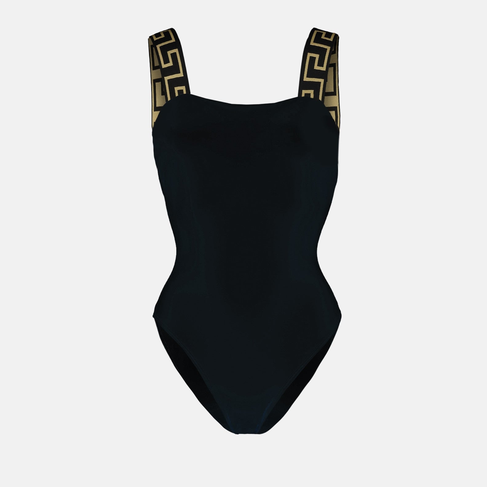 Versace swimwear, luxury swimwear, Greca motif, black Lycra swimwear, high-end swimwear