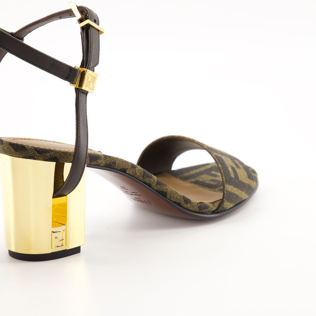 brown heeled sandals, Delfina, adjustable ankle strap, FF print, Fendi sandals