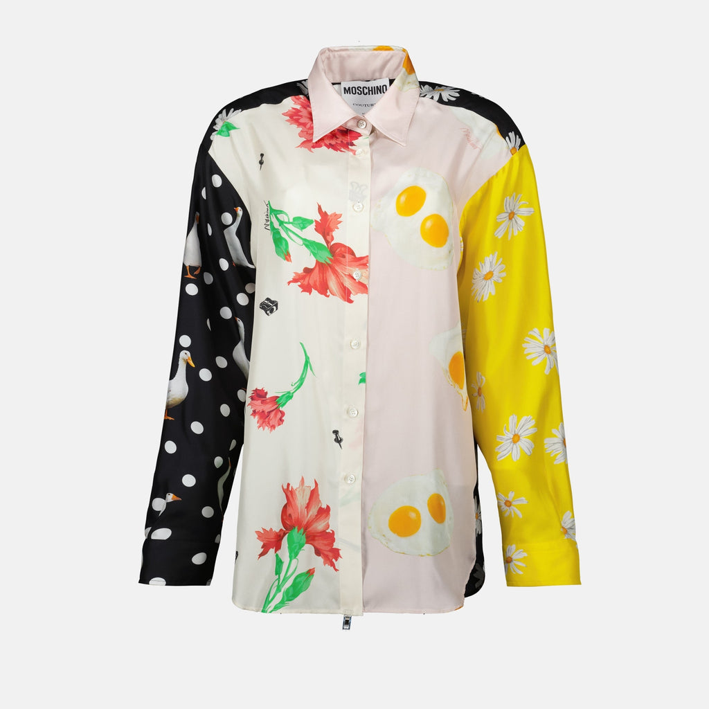 Image de chemise en soie imprimée de fleurs et d'œufs par Moschino pour femmes - Saison printemps-été 2025 - Vue de face