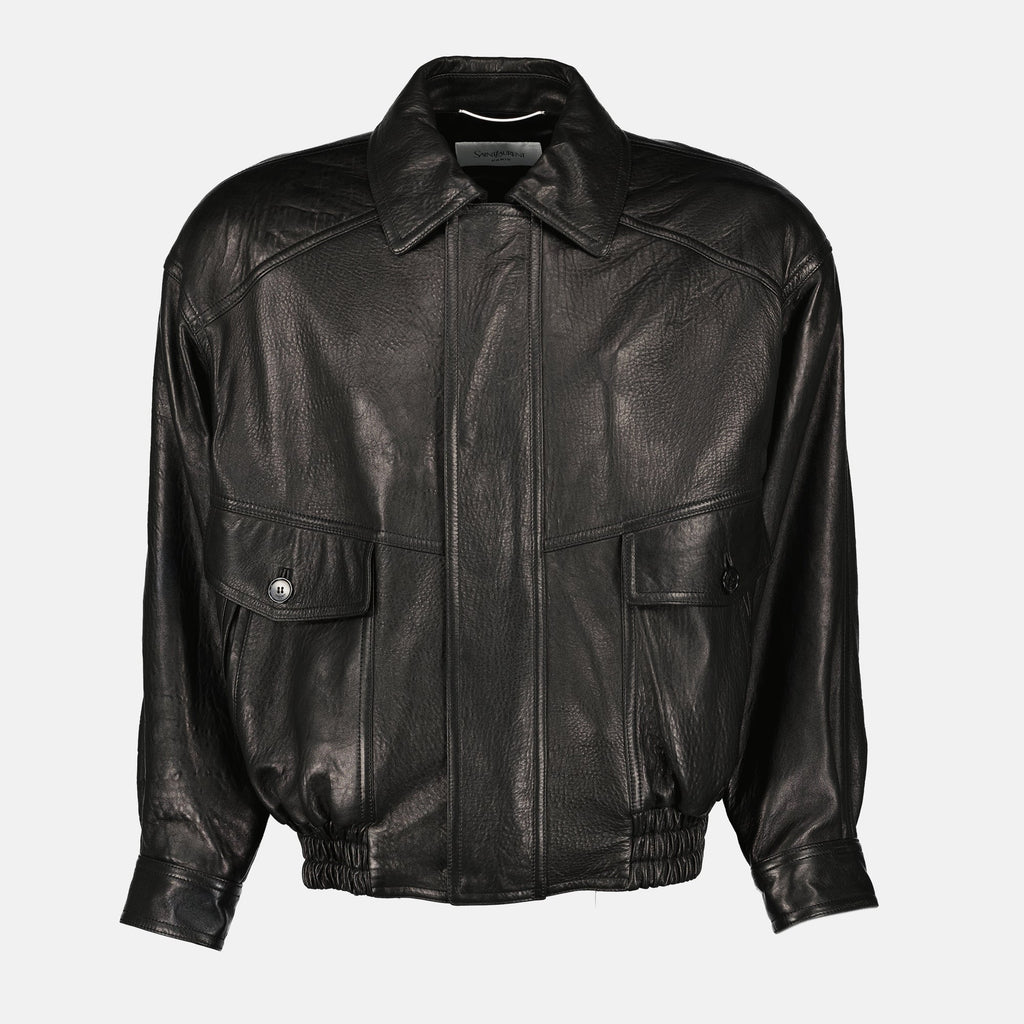 black bomber jacket, lambskin jacket, Saint Laurent outerwear, men's leather jacket, designer bomber jacket